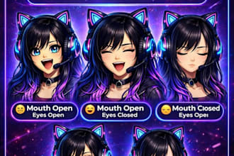 create custom pngtuber vtuber anime character design, illustration for streaming