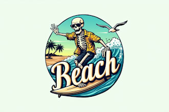 design a vintage skeleton surfing beach logo for your brand