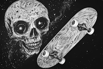 create artwork vintage, skull, alien, for skateboard deck