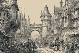 create medieval vintage line art illustration in engraving