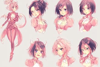 draw anime character reference sheet with multiple poses and expressions