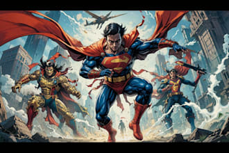 illustrate action packed superhero comic scenes