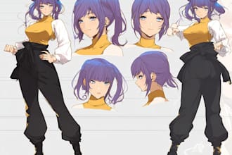 design anime oc character sheet with expressions and poses