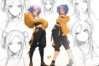 create anime oc reference sheet with outfits and expressions