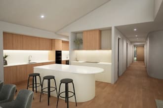 renovate 3d basement interior, living space, modern bedroom, staircase rendering