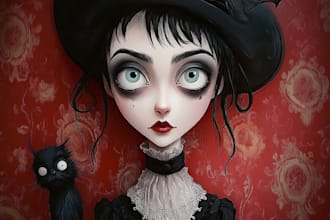 draw fantasy portrait in whimsical style tim burton inspired