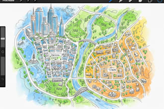 sketch watercolors city and town custom maps in procreate