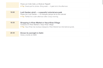 create a custom india travel itinerary in english and spanish