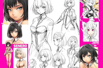 illustrate a clean anime model sheet for animation and games