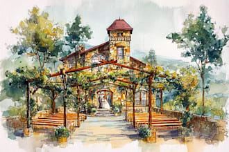 draw watercolor wedding venue, house, landscape