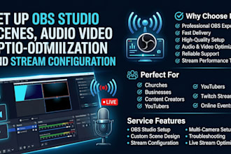 set up obs studio scenes, audio video optimization and stream configuration