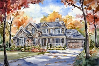 paint custom digital watercolor house, home building