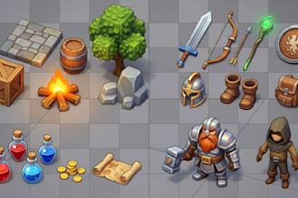 create 3d game assets, low poly model, character design, weapons, tileset, props