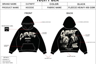 design a professional clothing tech pack for apparel