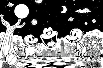 draw black and white funny cartoon line art