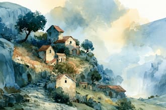 paint watercolor landscape with mountains, sea, yachts, houses