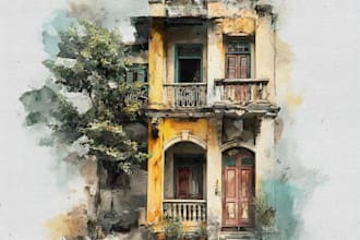 create house or building photo into watercolor art