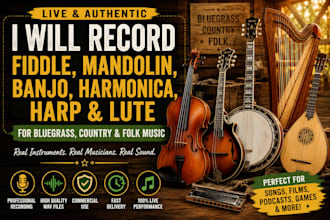 play live fiddle, mandolin, banjo, harp, harmonica and lute for your music