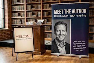 design a book launch, meet the author retractable event banner, welcome sign