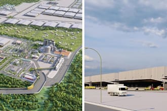 construct industrial site plan,3d exterior landscape,cgi factory facility render