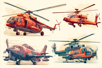 draw helicopter , airplane , aircraft , into a vector cartoon