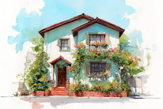 paint custom digital watercolor house, building