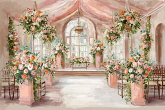 draw event sketch, wedding venue illustration, wedding flower decor