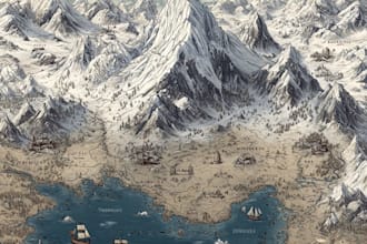 make hand drawn map illustration of cities, fantasy, travel art