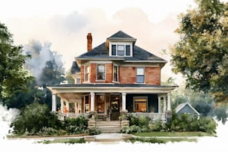 draw house illustration watercolor style