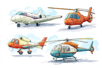 draw airplane, aircraft, helicopter into a vector cartoon