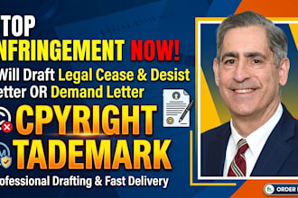 legal cease and desist letter, demand letter for copyright,trademark infringment
