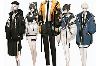 design an anime character sheet with outfits and expressions