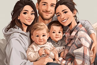 create a family cartoon portrait illustration for you