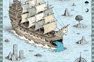 do draw fantasy map or ship illustration with cool details