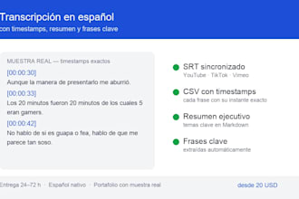 transcribo tu audio o podcast en español con timestamps y resumen