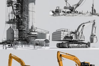 draw vector tractor, excavator and heavy equipment