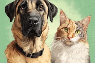 drawing line art of dogs, cats, horses and other pets