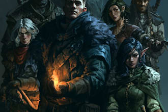 draw your dnd party in a cinematic fantasy scene