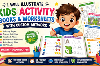 illustrate kids activity books and worksheets with custom artwork