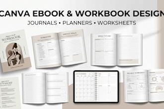 create canva ebook, journals, fitness planners, workbook and fillable worksheets