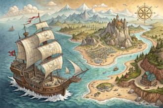 draw fantasy map or ship illustration with cool details