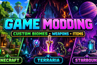 mod minecraft, terraria and starbound with custom biomes weapon item