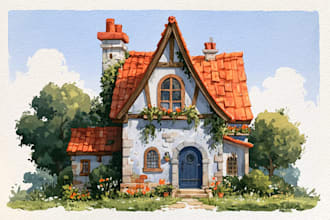 draw cute watercolor cottage house and building illustration