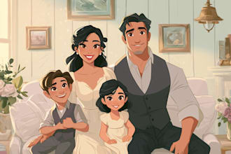 draw romantic fairy tale disney style couple illustration