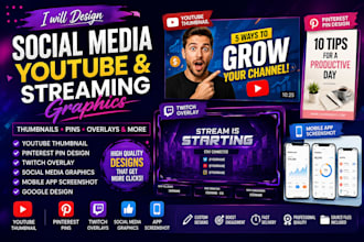 design youtube thumbnails, pinterest pins and twitch overlay