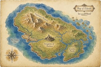 illustrate a fantasy world map for your novel and fictional universe