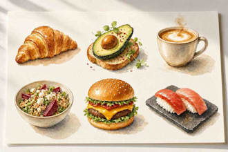 create watercolor food illustrations for menu and packaging