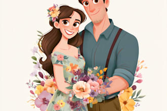 draw couples cartoon portrait in disney style