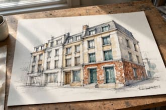 hand draw architectural with watercolor handmade