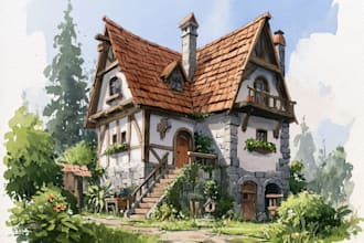 draw house illustration watercolor style